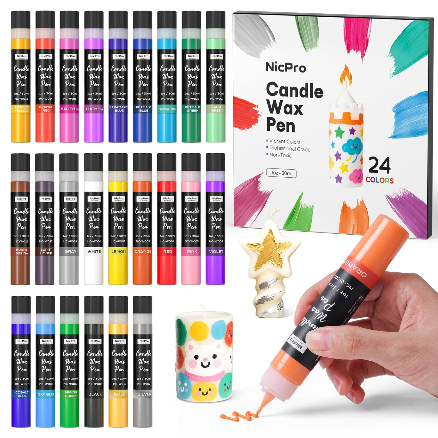Nicpro Candle Wax Pen, 24 Colors 3D Candle Paint Include Glitter Silver Gold, Safe DIY Candle Making & Painting Kit, Dry Fast Vibrant Colors Wax Paint for Birthday Holidays Wedding Party (1 oz, 30 ml)