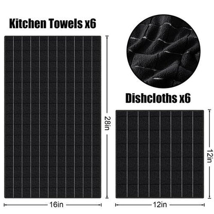 Homaxy Microfiber Kitchen Towels and Dishcloths Set, 12 Pack Soft and Absorbent Dish Hand Towels Bulk, 28 x 16 Inch & 12 x 12 Inch Quick Drying Rags for Washing Dishes, Black