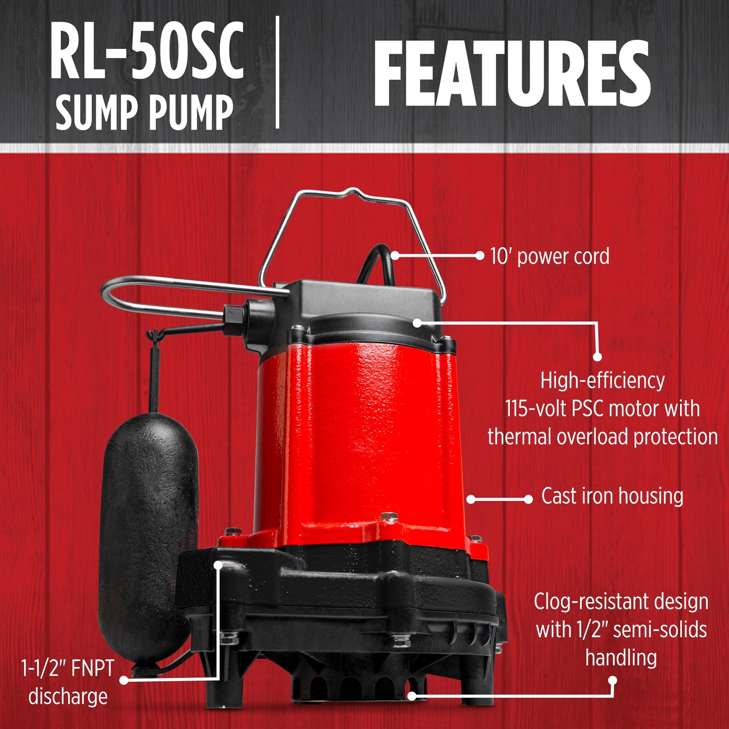 Red Lion RL-50SC 1/2 HP, 115-Volt, 4000 GPH, Cast Iron Sump/Effluent Pump with Snap-Action Float Switch, Red, 14942653