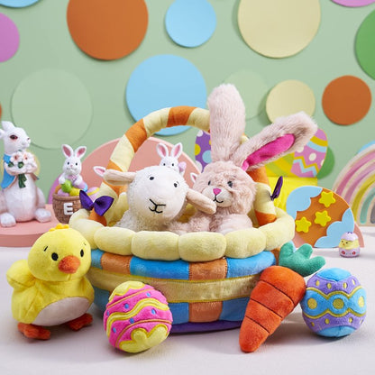 JOYIN 7 PCS Easter Basket Plush Playset Stuffers with Lamb Bunny Chick Carrot Egg Toys, Easter Party Favors Decorations Gifts Supplies for Baby Girls Boys Toddler Kids of All Ages