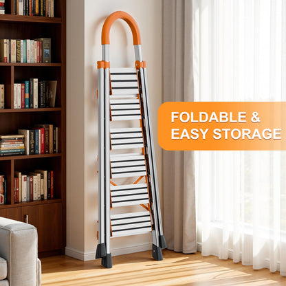 NYtoll 6 Step Folding Ladder, Step Stool with Wide Anti-Slip Pedal, Sturdy Steel Ladder, Convenient Handrail, Lightweight, Portable for Home, Kitchen, Garage