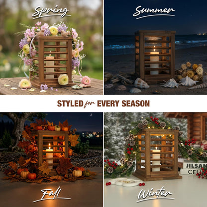 GREEN ALLUVIUM Premium 11.5" H Lantern Decorative Indoor & Outdoor - Large Wooden Candle Lantern & Plant Stand for Holiday Decor, Farmhouse, Patio, Table | Golden Teak Finish