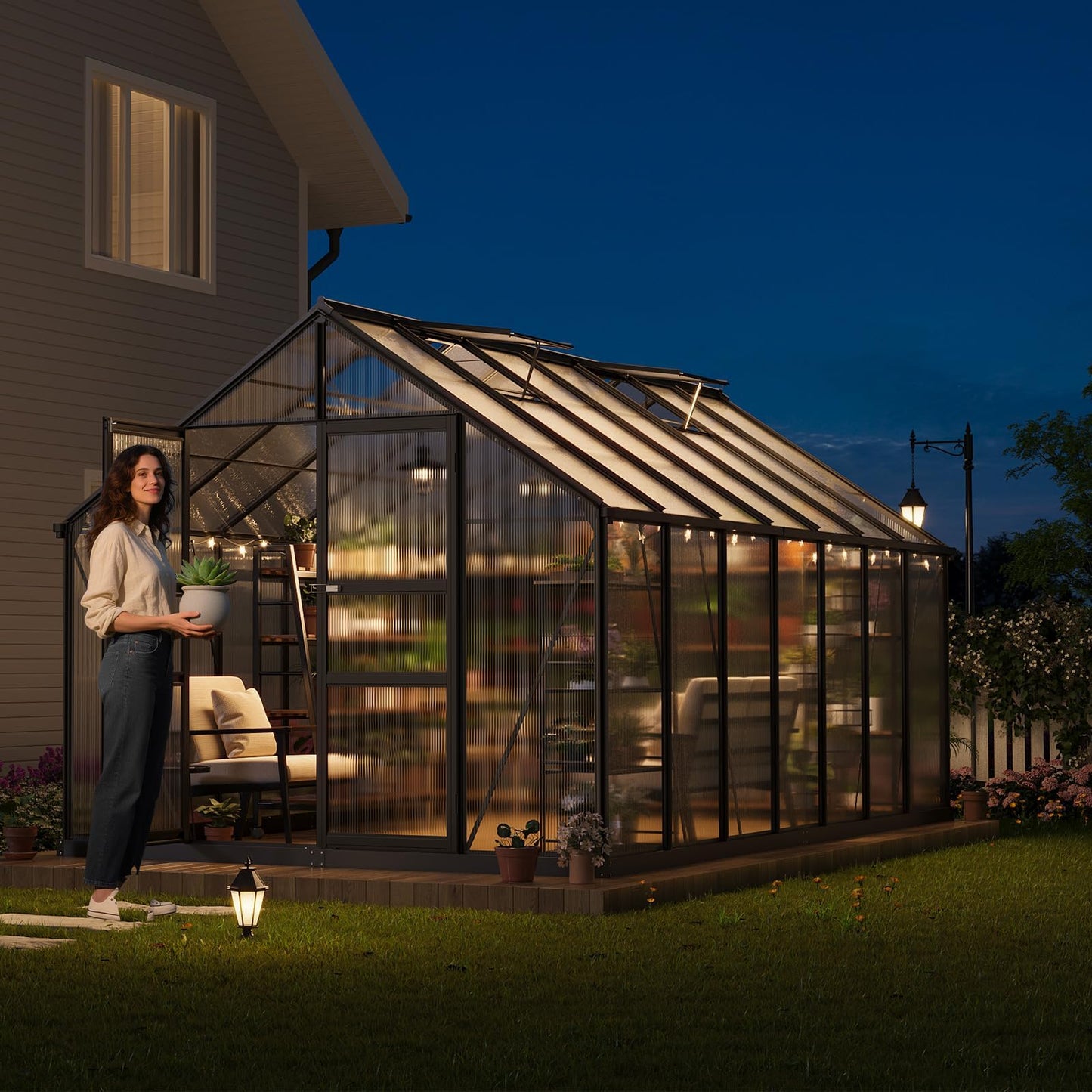 8×14 FT Outdoor Aluminum Polycarbonate Greenhouse, Easy Assembly Walk-in Greenhouse with Roof Vent & Lockable Hinged Door, Large Heavy Duty Greenhouse for Patio, Backyard, Garden, Sunroom, Black