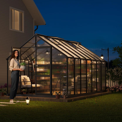 8×14 FT Outdoor Aluminum Polycarbonate Greenhouse, Easy Assembly Walk-in Greenhouse with Roof Vent & Lockable Hinged Door, Large Heavy Duty Greenhouse for Patio, Backyard, Garden, Sunroom, Black