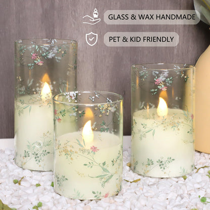 FLAVCHARM Glass Flameless Candles Flickering Battery Operated LED Pillar Candles Set of 3 with Timer and and 10-Key Remote Green Branch Floral Spring Summer Theme for Wedding Festival Home Decoration