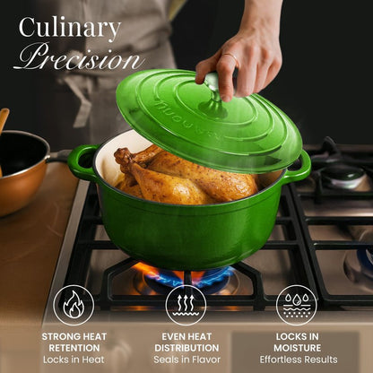 Nuovva Enamelled Cast Iron Dutch Oven Pot with Lid – 6.4 Quart Non Stick Casserole Pot – Heavy Duty & Oven Safe up to 500° F for Bread Baking, Braising, Stews, Roasting – 28cm Green