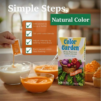 Color Garden Pure Natural Food Coloring - Orange | Plant-Based, Vegan, Non-Toxic Liquid Dye, 5 ct 1 oz