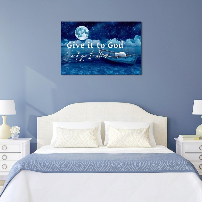 Vefacaiyo Give It to God and Go to Sleep Wall Decor Christian Inspirational Quotes Canvas Wall Art for Home Living Room Bedroom Framed Ready to Hang 24x16 Inch (Brown)