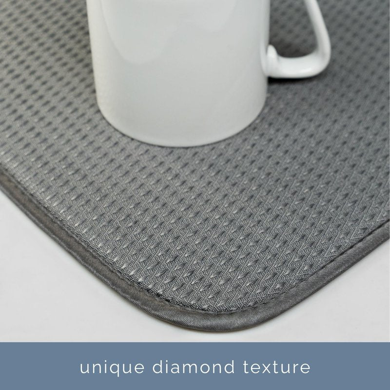 S&T INC. Dish Drying Mat, 16” x 18”, Absorbent Microfiber Kitchen Counter Mat, Drying Pad for Dishes, Utensils, Pots and Pans, Large, Diamond Texture, Grey