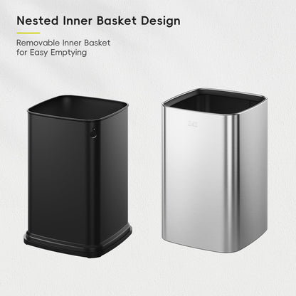 EKO 2-Pack Open Top Trash Can with Removable Inner Basket, Square Small Garbage Can, 1.8 + 3.2 Gallon Wastebasket Combo for Kitchen, Bathroom, Office, Home (Stainless Steel)