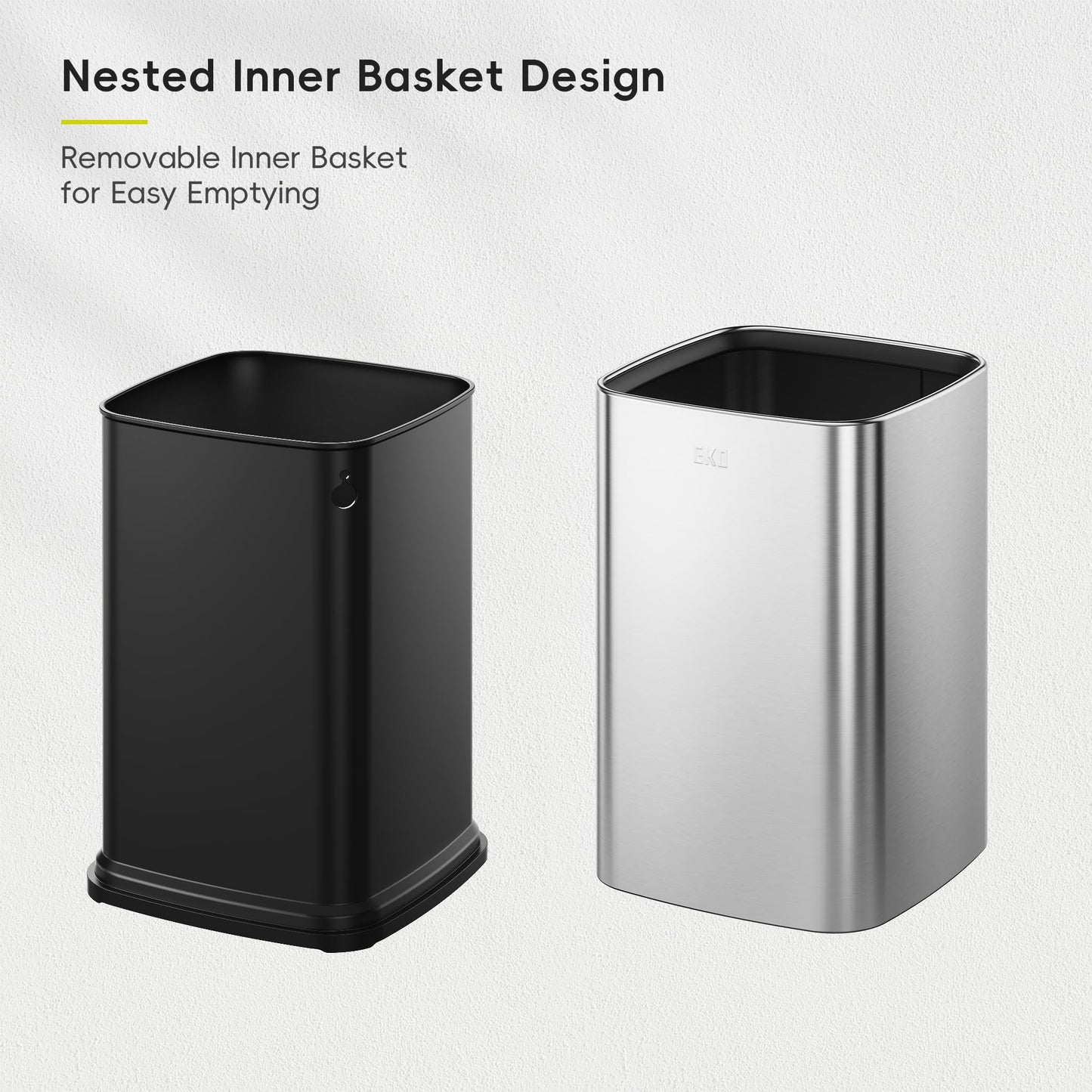 EKO 2-Pack Open Top Trash Can with Removable Inner Basket, Square Small Garbage Can, 1.8 + 3.2 Gallon Wastebasket Combo for Kitchen, Bathroom, Office, Home (Stainless Steel)