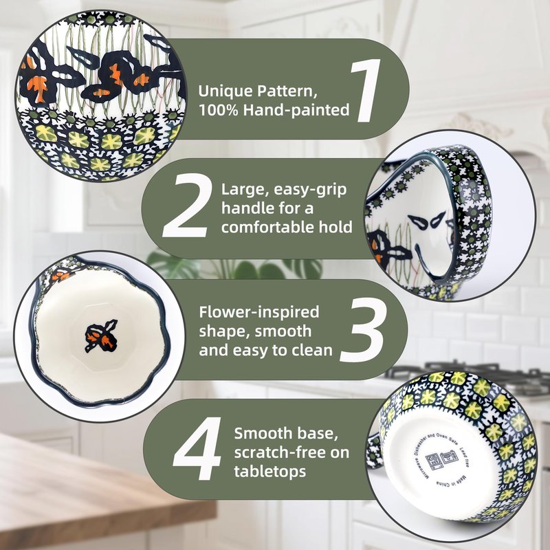 ALMA Ceramic Soup Bowls With Handles, 18oz Microwavable Large Loop Handle Mugs, Decorative Handpainted Floral Soup Bowl For Cereal, Oatmeal, Chili, Snack,Fruits,Ice cream-Orange Irene Theme