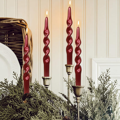 Christmas Spiral Candles Metallic Red Taper Candles -10 in Unscented Candlestick for Winter Gift Holiday Christmas Home Decoration Candles, 4 Pack