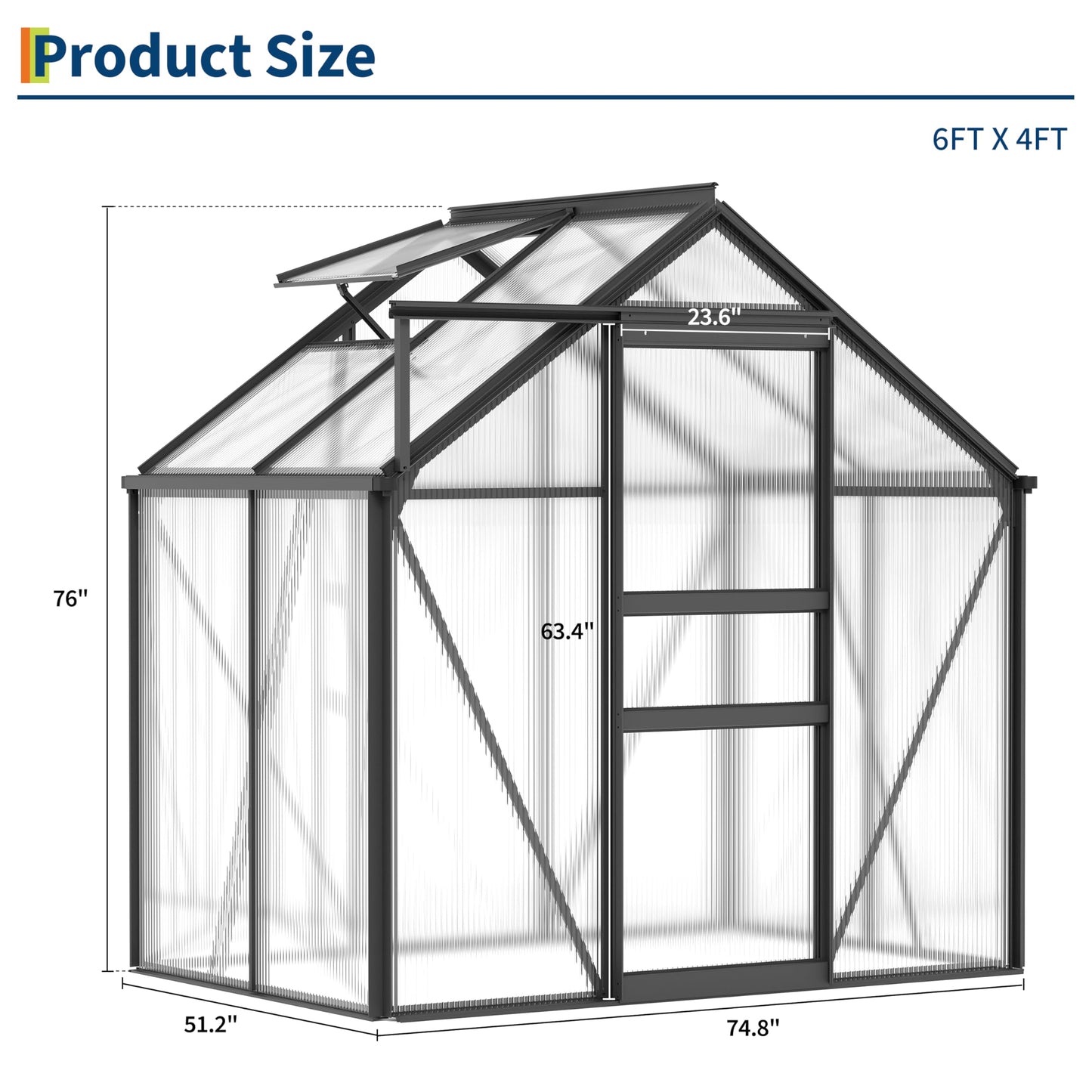 6X4FT Walk-in Polycarbonate Greenhouse, Outdoor Weatherproof Greenhouse Kit with Adjustable Roof Vent, Sliding Door & Gutter Drainage, Portable Green House for Patio Backyard Winter Gardening