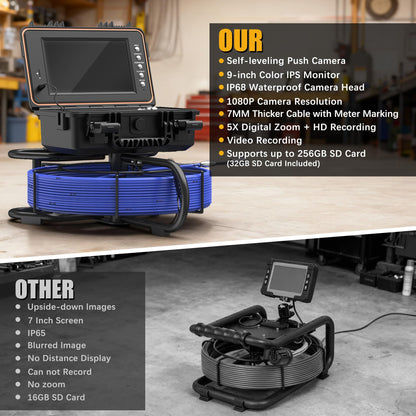 Sewer Camera 165FT, Self Leveling Drain Camera with Meter Counter, 7mm Thick Cable, 9" HD Screen 1080P Plumbing Cameras Snake with Light, 5100mAh Battery Duct Pipe Video Inspection Cam DVR 32GB