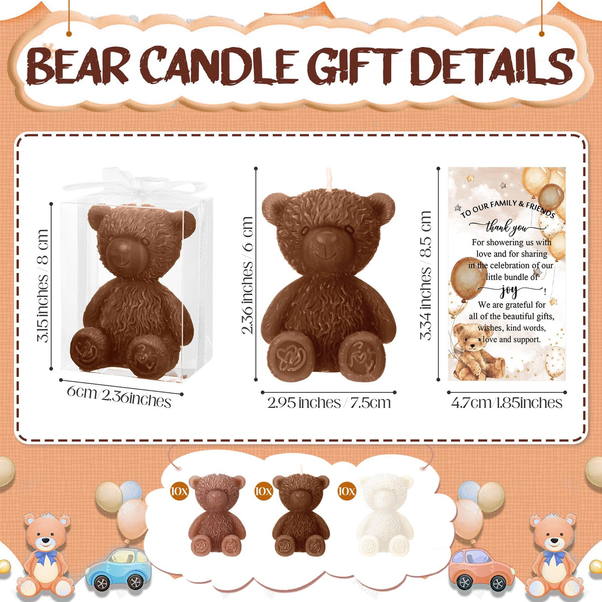 Threlaco 30 Sets Baby Shower Favor for Guests Large Bear Shaped Candles Bulk 2.95 x 2.36 Inch Bear Candles with Thank You Cards White Ribbons Clear PVC Boxes for Boys Girls Gender Reveal(Brown Series)