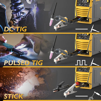 TOOLIOM 200A TIG Welder with Pulse, 4 in 1 Multifunctional TIG Welding Machine DC TIG/Spot TIG/Pulse TIG/Stick 110&220V Dual Voltage with Large Digital Display