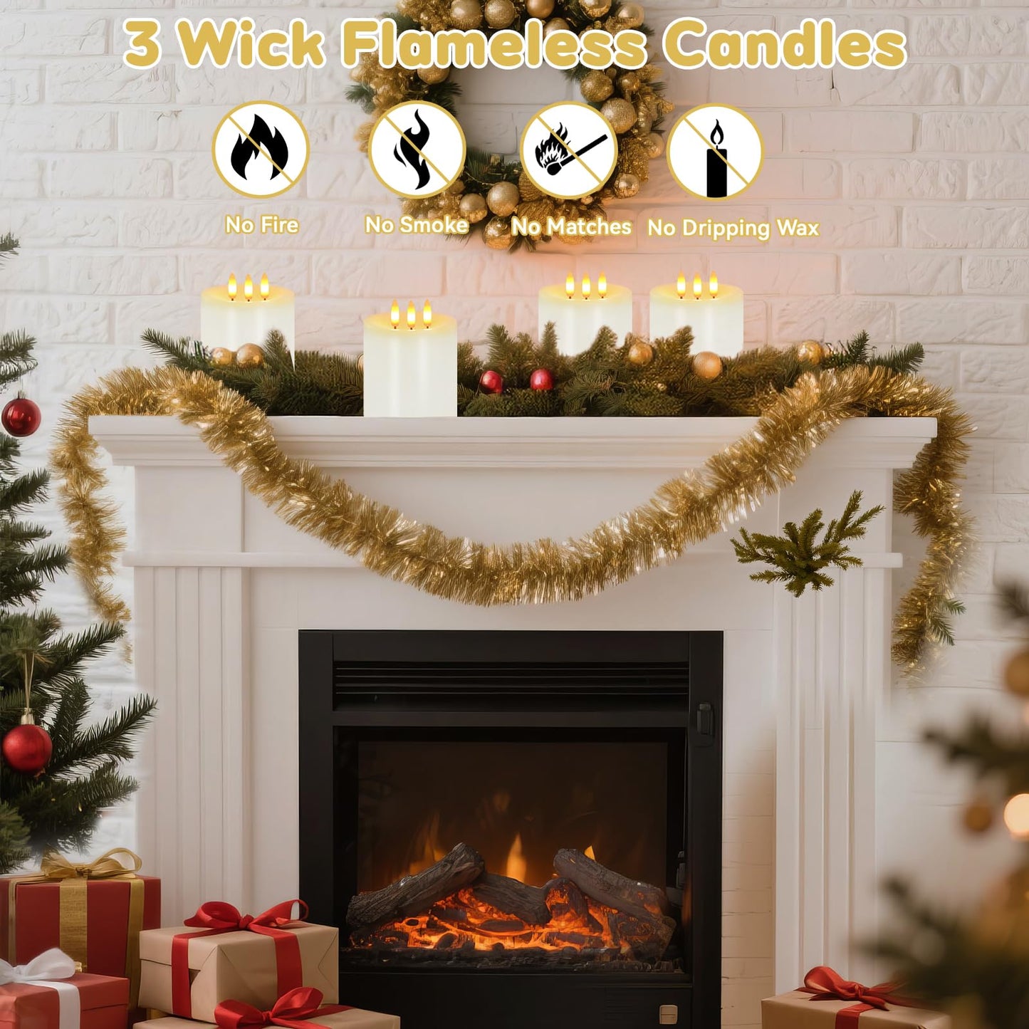 Large 3 Wick Flameless Candles, 4"x4" Flickering Flameless Candles with Remote & Timer, Dimmable Real Wax LED Candles Battery Operated, Electric Pillar Candles for Home Wedding Christmas Decor (White)