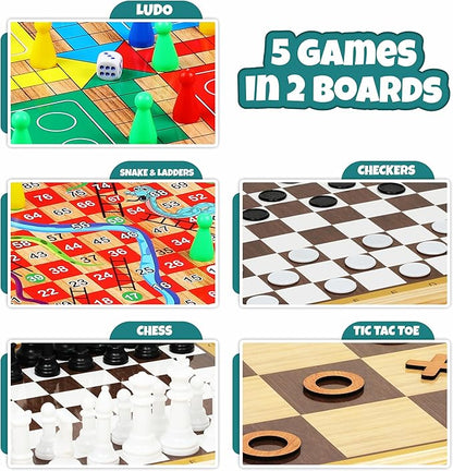 Ankit Toys &amp Games 5-in-1 Wooden Board Game Set Includes Ludo Snakes &amp Ladders Chess Checkers and Tic Tac Toe. Portable Fun for Kids Adults and Family Game Nights | 2 Reversible Boards