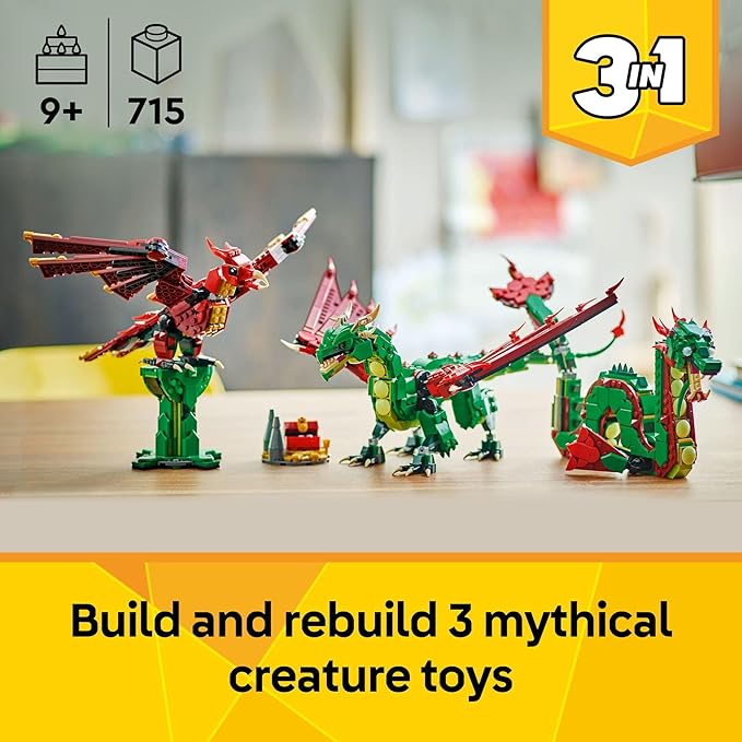 LEGO Creator 3 in 1 Medieval Dragon Toy - Building Toy with 3 Build Options Dragon Sea Serpent or Phoenix - Fantasy Set for Kids Boys and Girls Ages 9+ - Gift Idea for Birthdays - 31161