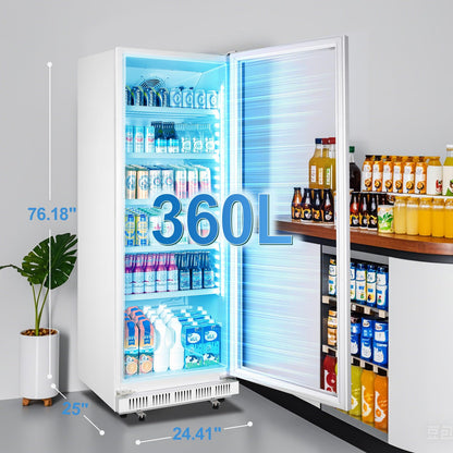 Tylza Commercial Refrigerator with Glass Door Display Beverage Fridge, 360L Upright Beverage Cooler Merchandiser with Rebound Door, Fast Cooling, Low Noise, White