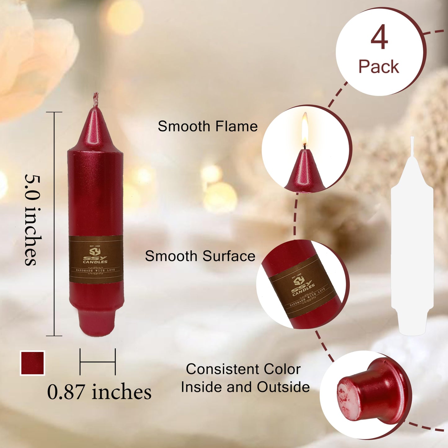 Christmas Metallic Red Candle 5 Inch Short Smokeless Taper Candles 4 Pack Unscented Dinner Candle for Christmas Dinner