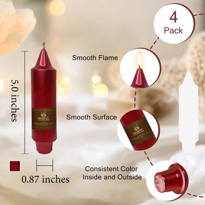Christmas Metallic Red Candle 5 Inch Short Smokeless Taper Candles 4 Pack Unscented Dinner Candle for Christmas Dinner