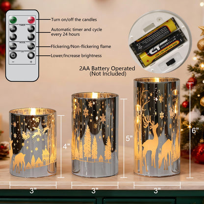 DRomance Christmas Flameless Candles Battery Operated with 10-Key Remote and Timer 3D Wick Flickering Electroplating Glass Reindeer LED Candles Indoor Holiday Decorations(Silver, 3" D x 4", 5", 6" H)