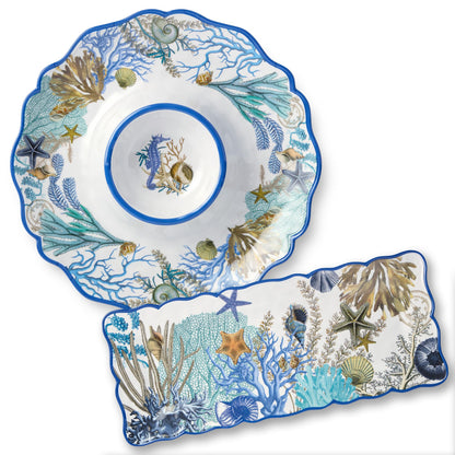 Blue Lagoon 2-Piece Melamine Appetizer Set - Coastal Blues & Coral White Chip & Dip Platter (14.5”) and Rectangular Serving Tray (19” x 8”), Perfect for Entertaining & Beach-Themed Parties