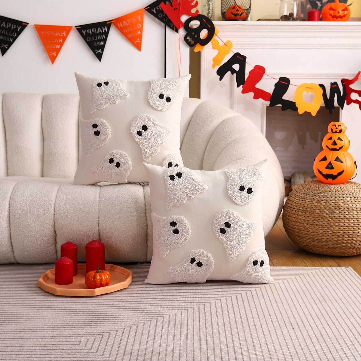 Tosleo Halloween Throw Pillow Covers 18x18 inch Set of 2 Halloween White Ghosts Embroidered Pillow Cases Thanksgiving Home Party Fall Decor Pillowcases Square Cushion Covers for Spooky Season