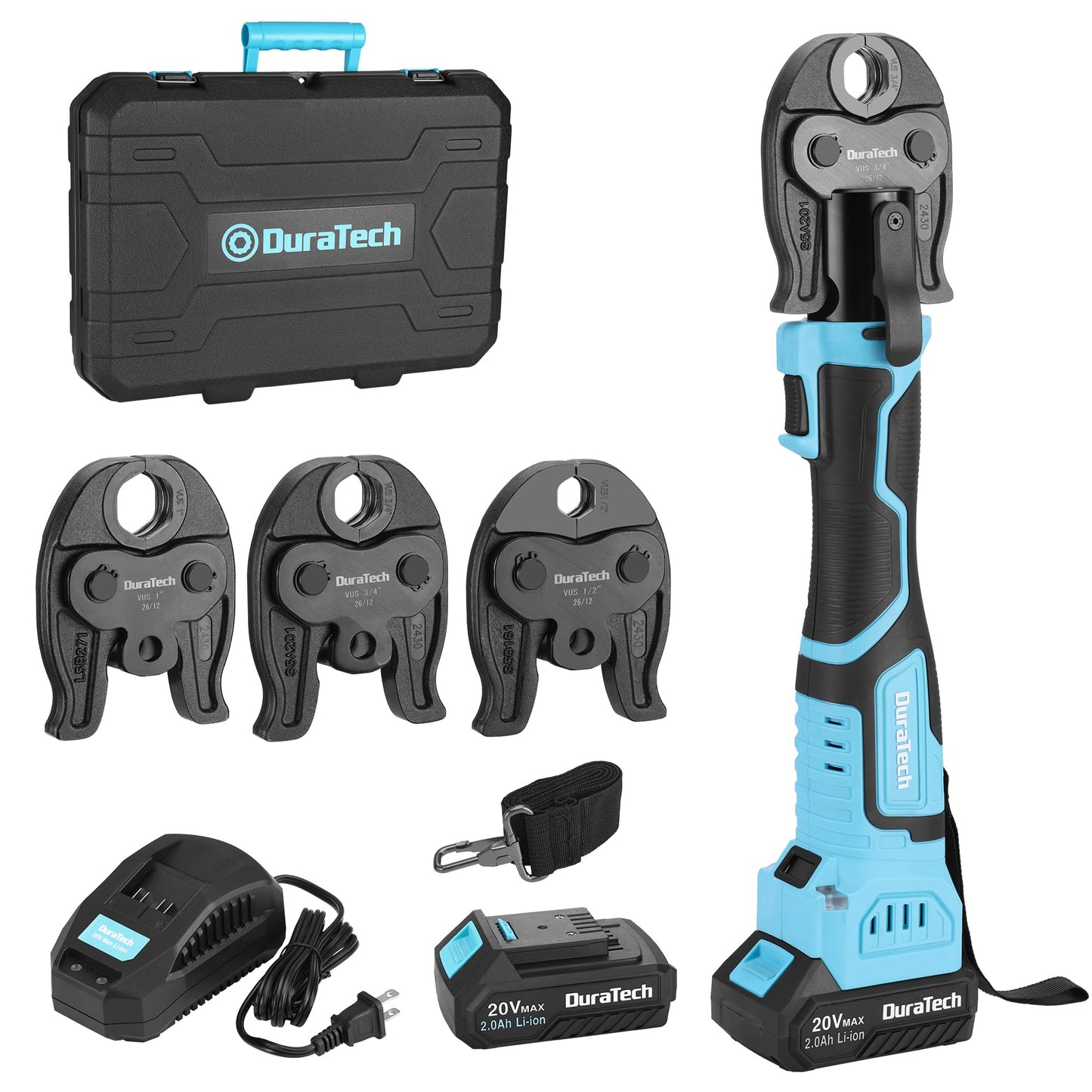 DURATECH 20V Brushless Copper Pipe Crimping Tool, 24KN Electric Press Tool with 1/2", 3/4", 1" VUS Jaws, LED Display, Work Light, 180° Rotating Head, Cordless Battery Crimper for Plumbing