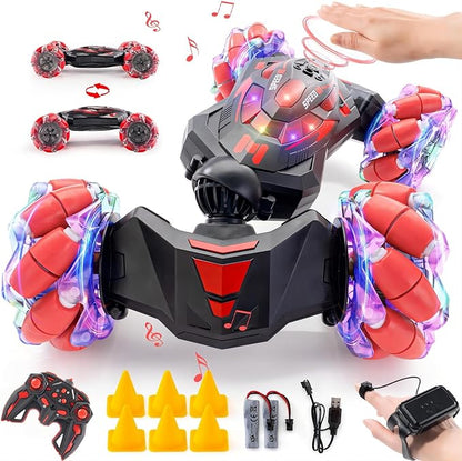 1:10 Remote Control Stunt Car 4WD 2.4 GHz Hand Gesture Sensing RC Crawler Vehicle 360° Flips with Lights Music Spray Birthday Presents Toy Cars for Kids Both Boys and Girls Aged 6-12 (Red)