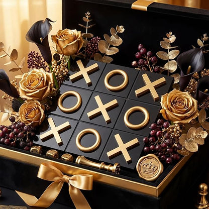 11.8x11.8 Inch Tic Tac Toe Wood Game Board Coffee Table Decor Modern Wooden for Board Table Top Living Room Decor Fun Family Party Adults Travel Ages15+ (Black Gold)