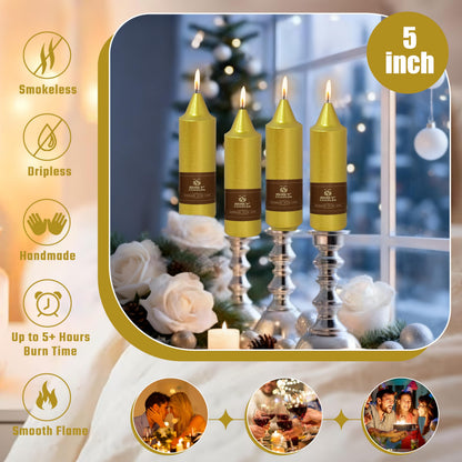 Christmas Metallic Gold Candle 5 Inch Short Smokeless Taper Candles 4 Pack Unscented Dinner Candle for Christmas Dinner