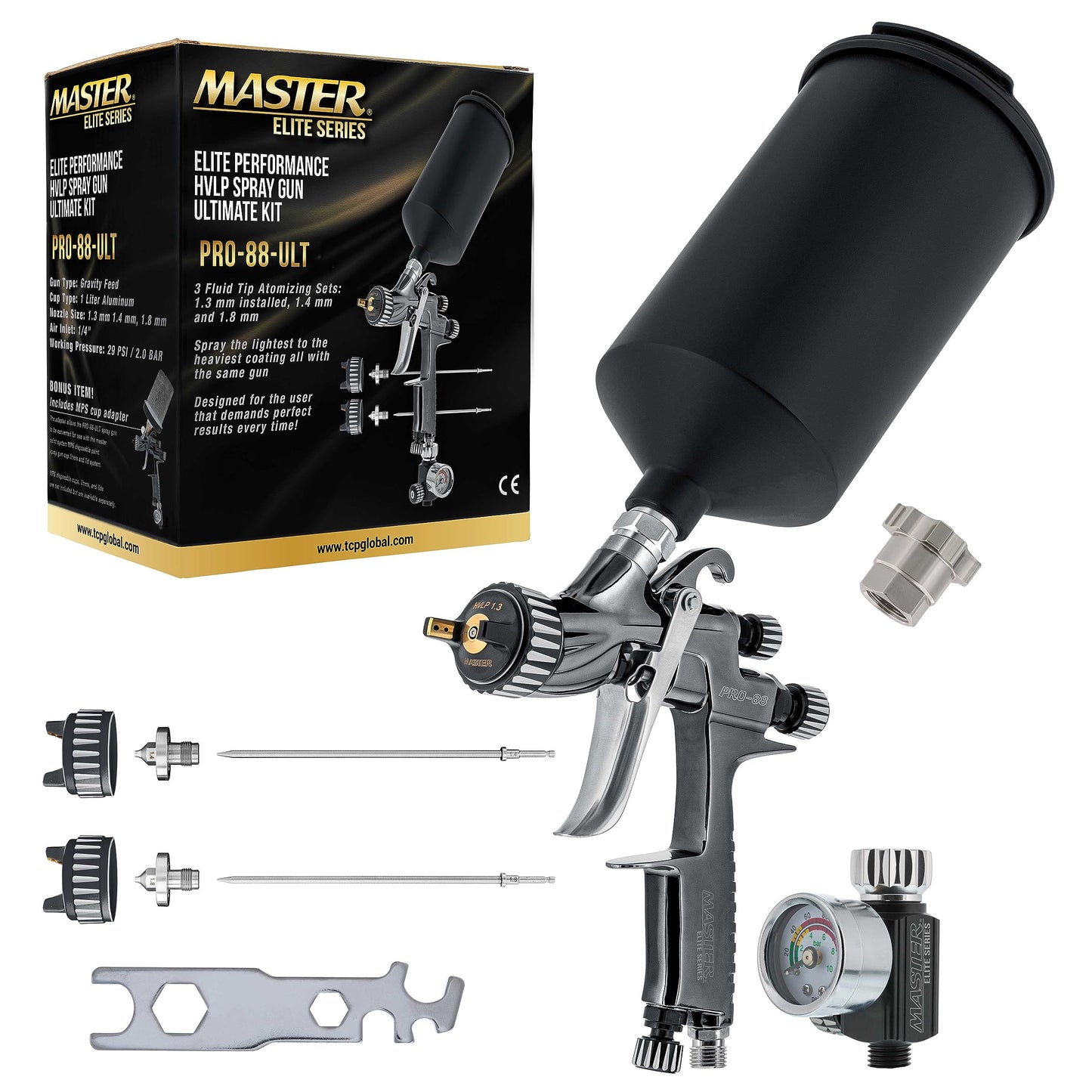 Master Elite Performance PRO-88 HVLP Automotive Spray Paint Gun with 3 Tips 1.3, 1.4 and 1.8mm, 1L Cup, Regulator Gauge, MPS Adapter - Auto Paint Spray Gun for Automotive Basecoats, Clearcoats