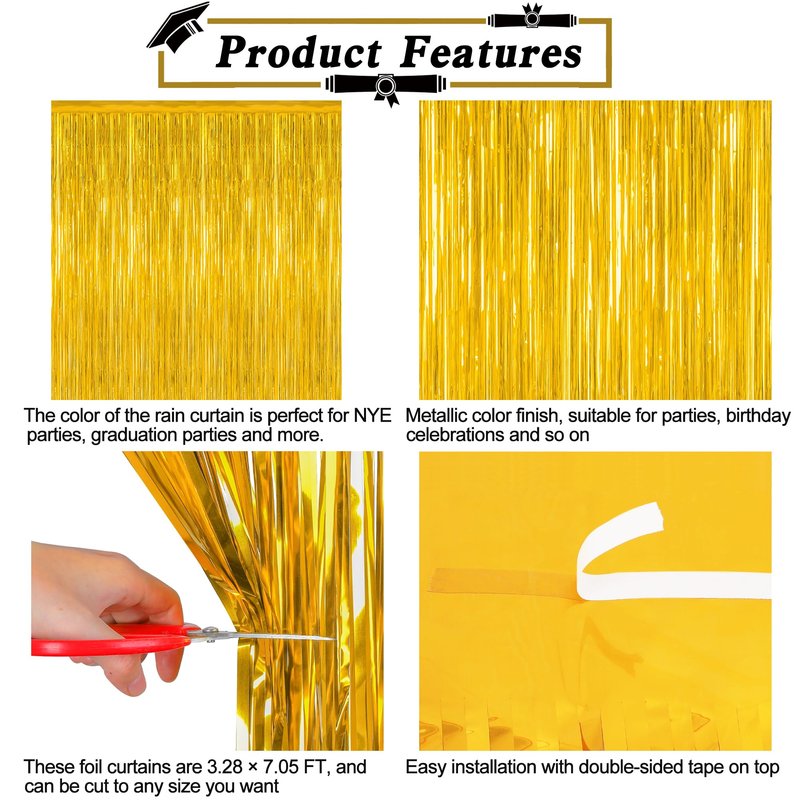 4 Pack 2026 Graduation Party Decorations, 3.28 x 7.05 Feet Gold Grad Curtains, Metallic Gold Backdrop Curtain Class of 2026 Backdrop Party Streamer, Congrad Backdrop Grad Decor 2026