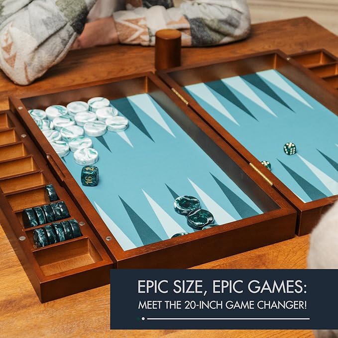 20 Inch Large Backgammon Sets for Adults Green Backgammon Board Solid Wood. Removable Accessory Tray Premium 1.5 Inch Checkers &amp Dice Set Backgammon Game Set Backgammon Table