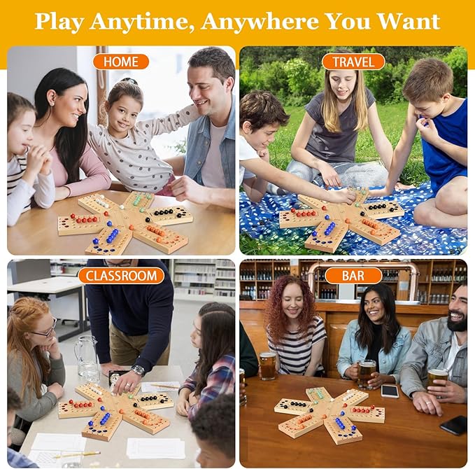 Deeper Holes &amp Larger Marbles Original Wooden Marble Board Game Portable for 2-6 Players Wahoo Game with 36 Marbles &amp 12 Dice for Family Friends Party Travel and Camping