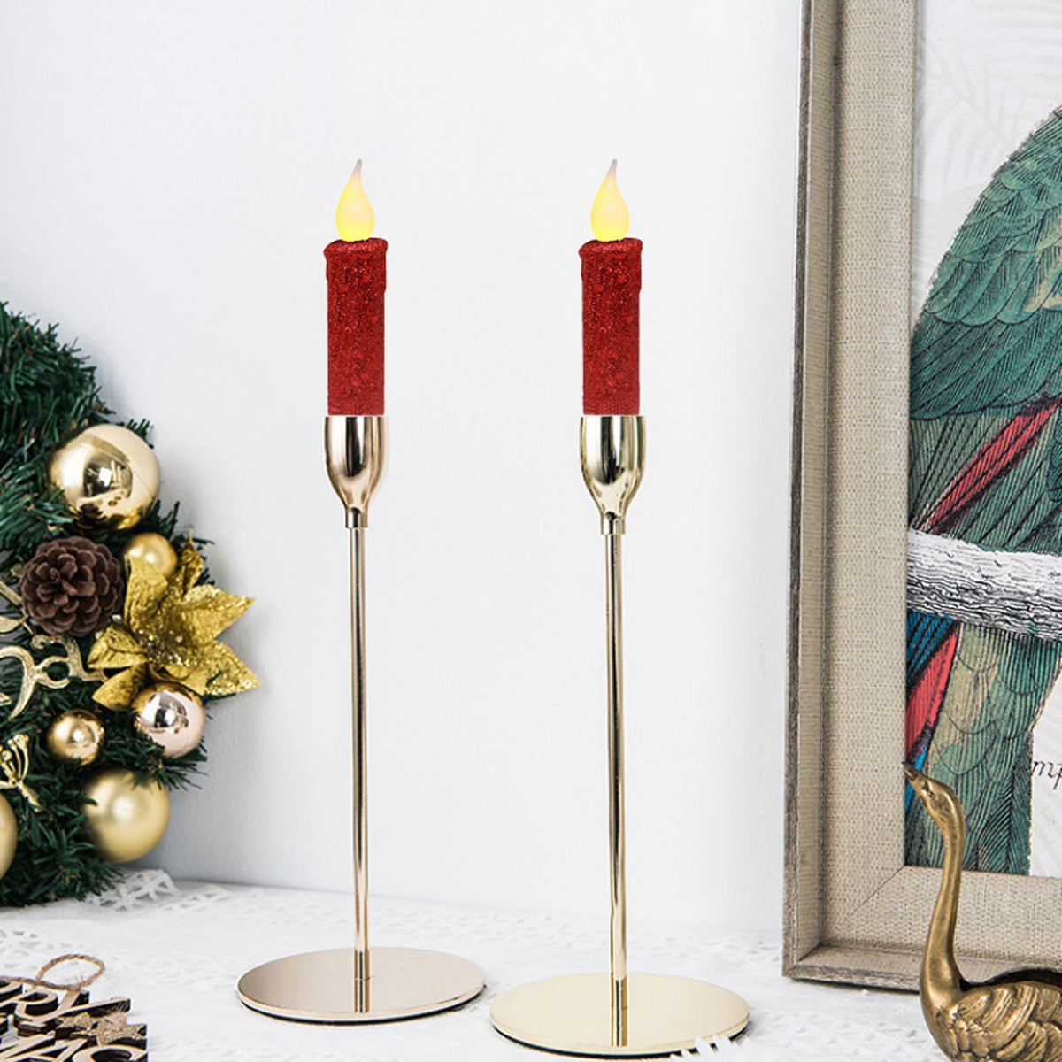 CVHOMEDECO. Glitter Flameless Candles Flickering Battery Operated LED Taper Candles with Timer for Home, Wedding, Halloween, Christmas Decor. Red, 4-3/4 Inch, Set of 2