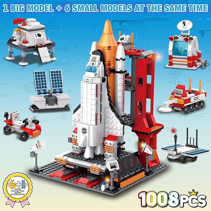 Space Exploration Shuttle Toys for 8-12 and 8-14 Years Boys Kids 1008pcs 7 Models Aerospace Building Set with Heavy Transport Rocket and Launcher Educational Construction Toy