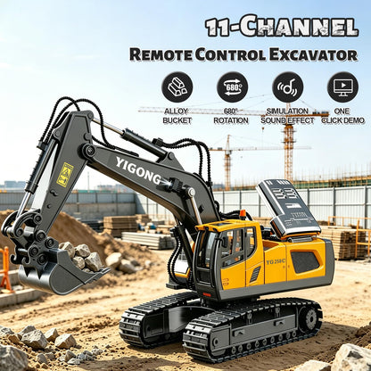 ADTHLIER Remote Control Excavator (11-Channel), Dump Truck, Bulldozer, Loader (9-Channel), 2.4GHz Remote Control Construction Vehicles, Metal Construction, with Cool Lights and Sound Effects, 4-Pcs