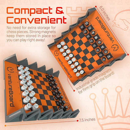 VENTUREBOARD 6 Inches Magnetic Unique Chess Set Board Game - 2 Extra Queens - Folding Board Portable Travel Chess Board Game Pieces - Orange/Grey