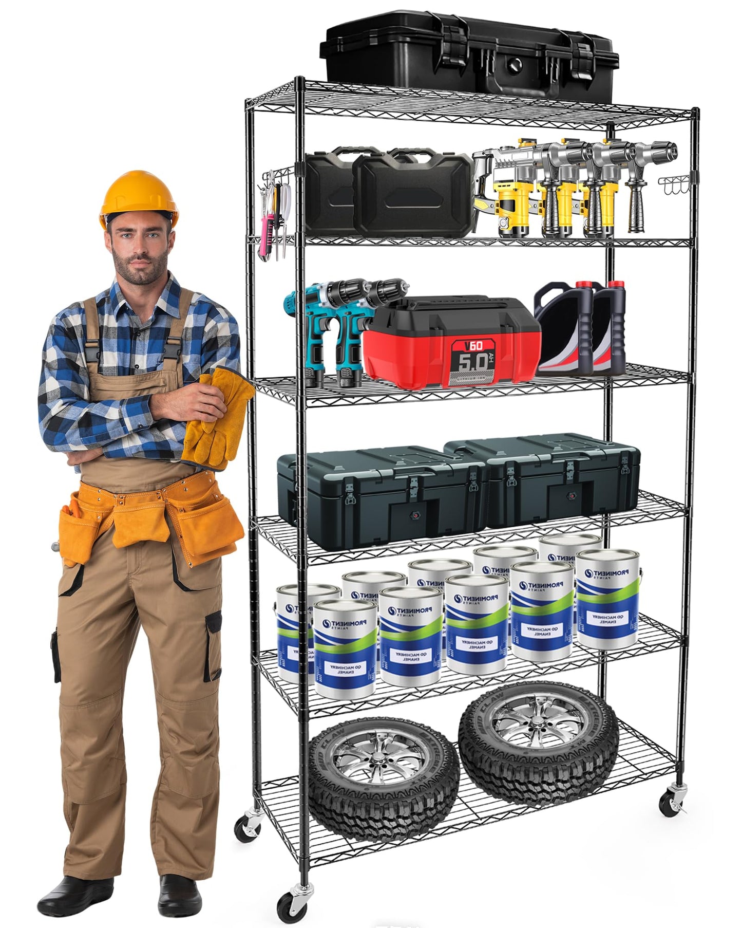 YNN Storage Shelves,2100Lbs 6 Tier Heavy Duty Metal Rolling Shelving Unit with Wheels & 8 Hooks, Adjustable Garage Wire Rack for Kitchen, Bathroom,Industrial,Pantry(36" W x 14" D x 72" H,Black)