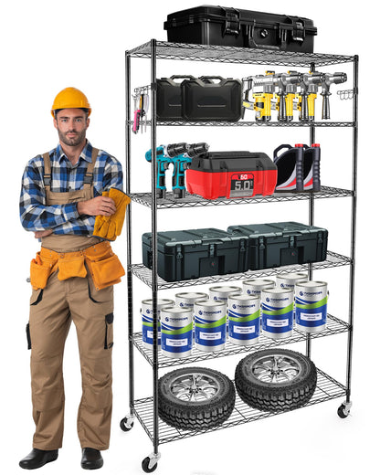 YNN Storage Shelves,2100Lbs 6 Tier Heavy Duty Metal Rolling Shelving Unit with Wheels & 8 Hooks, Adjustable Garage Wire Rack for Kitchen, Bathroom,Industrial,Pantry(36" W x 14" D x 72" H,Black)