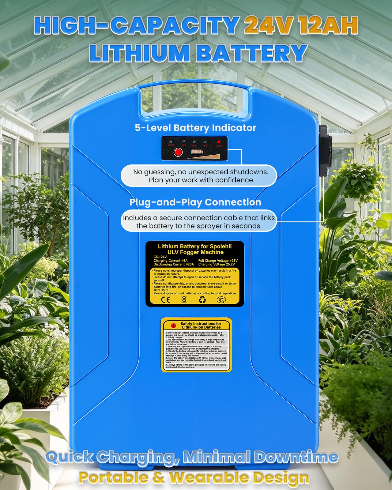 Cordless ULV Sprayer 24V Lithium Battery Powered, 7L (1.85 Gallon) ULV Fogger Machine 250W/300W Dual-Mode, 60-100 Mins Runtime, 10-100 Micron Adjustable Fine Mist for Garden Patio Home Use