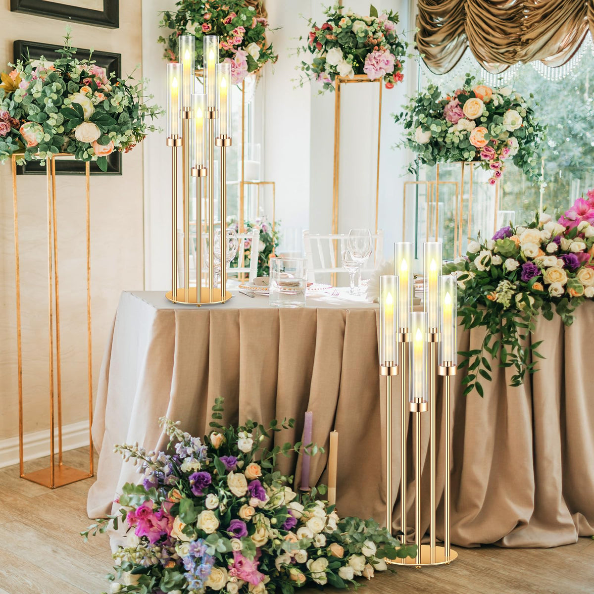 Tandefio 4 Pcs Acrylic Candelabra Centerpieces 35" Tall Clear Candle Holders Pillar Taper Candlestick with Lampshades 5 Arm Floor Candelabra Stand for Wedding Christmas Ceremony Dinner Party