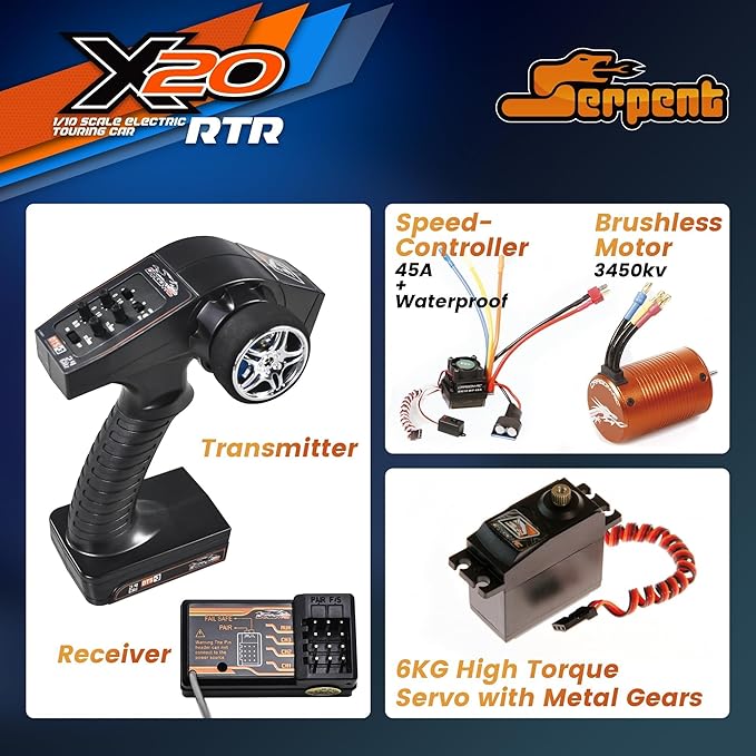 Serpent X20 1/10 RC Touring Car RTR 4WD Fast Electric RC Car with Brushless Motor Carbon Fiber &amp CNC Aluminum Parts High Speed Batteries and Charger Not Included (Orange)
