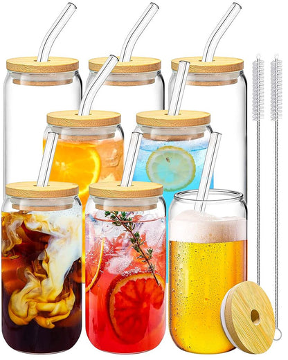 WISIMMALL Drinking Glasses with Bamboo Lids and Glass Straw 8PCS Set, 16oz Glass Cups with Lids and Straws, Beer, Iced Coffee Glasses, Soda, Gift 2 Cleaning Brushes