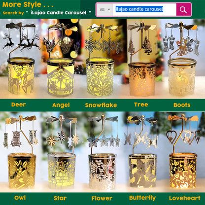 iLajao Candle Carousel Rotary Candle Holder Christmas Carousel Spinning Tealight Candleholder Christmas Decoration Centerpieces for Tables Valentine Easter (Owl)