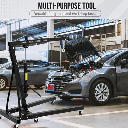 2 Ton Folding Engine Crane, 4400 Lbs Hydraulic Cherry Picker, Engine Hoist with 6 Casters and Telescopic Boom for Garage, Workshop and Warehouse Lifting, Heavy-Duty, Black